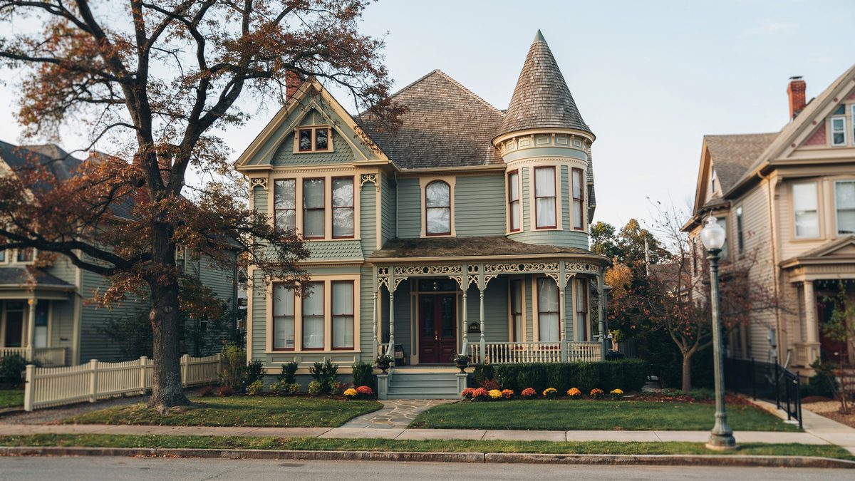 Queen Anne with conical turret, wraparound porch and an autumn tree over the lawn