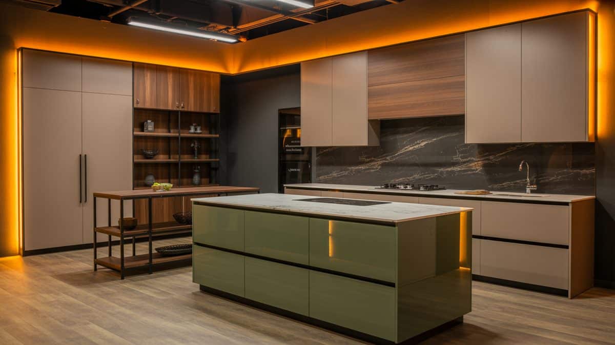 Sage green flat-front kitchen with two islands, glowing amber LED ceiling lighting, and dark marble backsplash