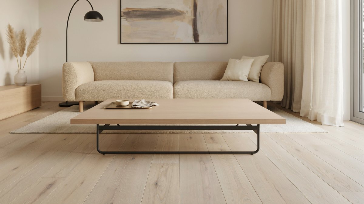 Long pale oak coffee table holding only a slim tray and small bowl