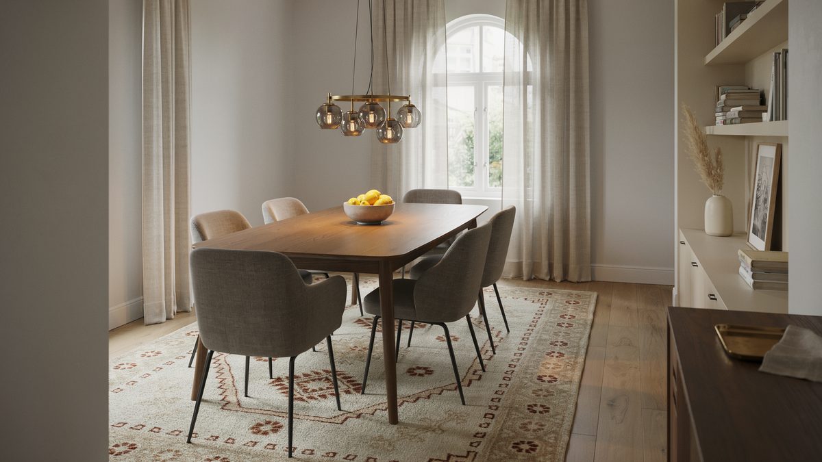 Walnut table under a brass globe chandelier on a patterned ivory area rug