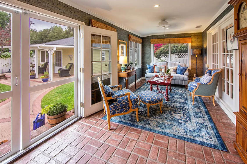 Sunroom with brick paver flooring