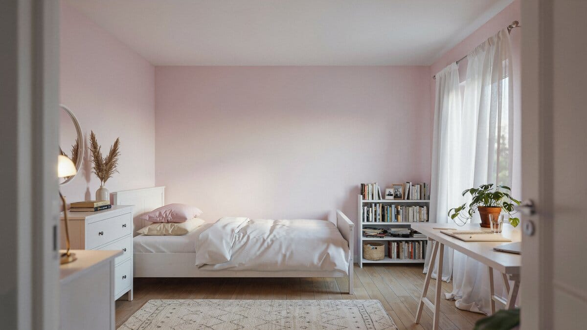 Blush pink walls paired with crisp white furniture and a low bookcase