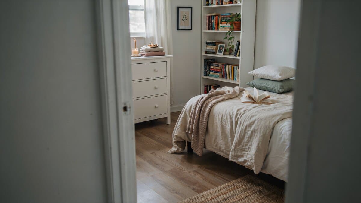 White dresser and book filled shelving beside a neatly made twin bed