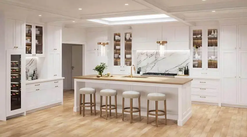 Transitional kitchen with long skylight 