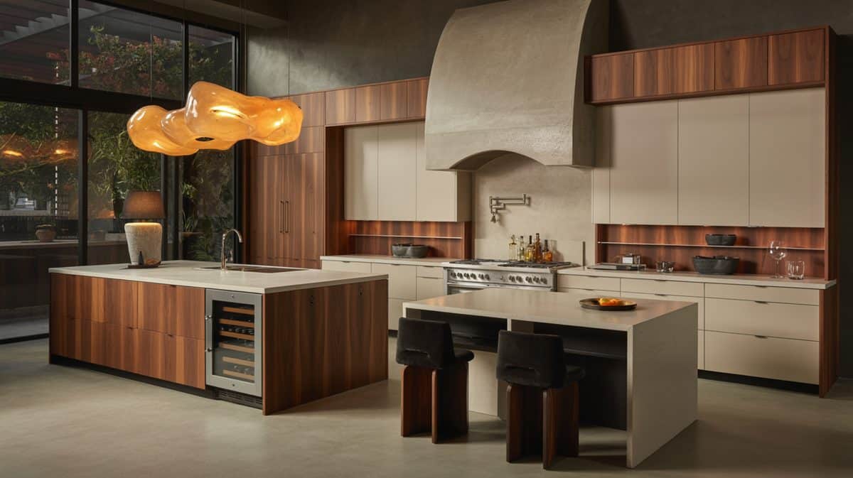 Walnut and cream kitchen with two islands, large amber sculptural glass pendant light, and arched stone range hood