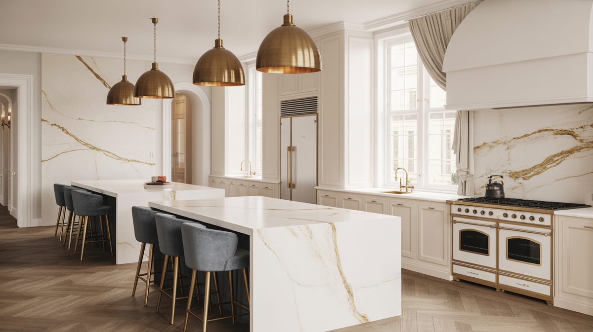 White Calacatta marble kitchen with two islands, three brass dome pendant lights, gray velvet stools, and a cream La Cornue range