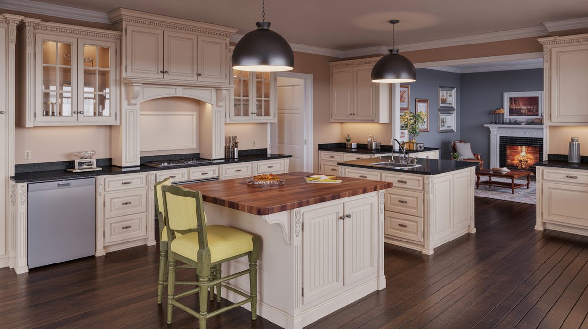 Cream raised-panel kitchen with two islands, butcher block countertop, two black dome pendants, and open view to a living room with fireplace