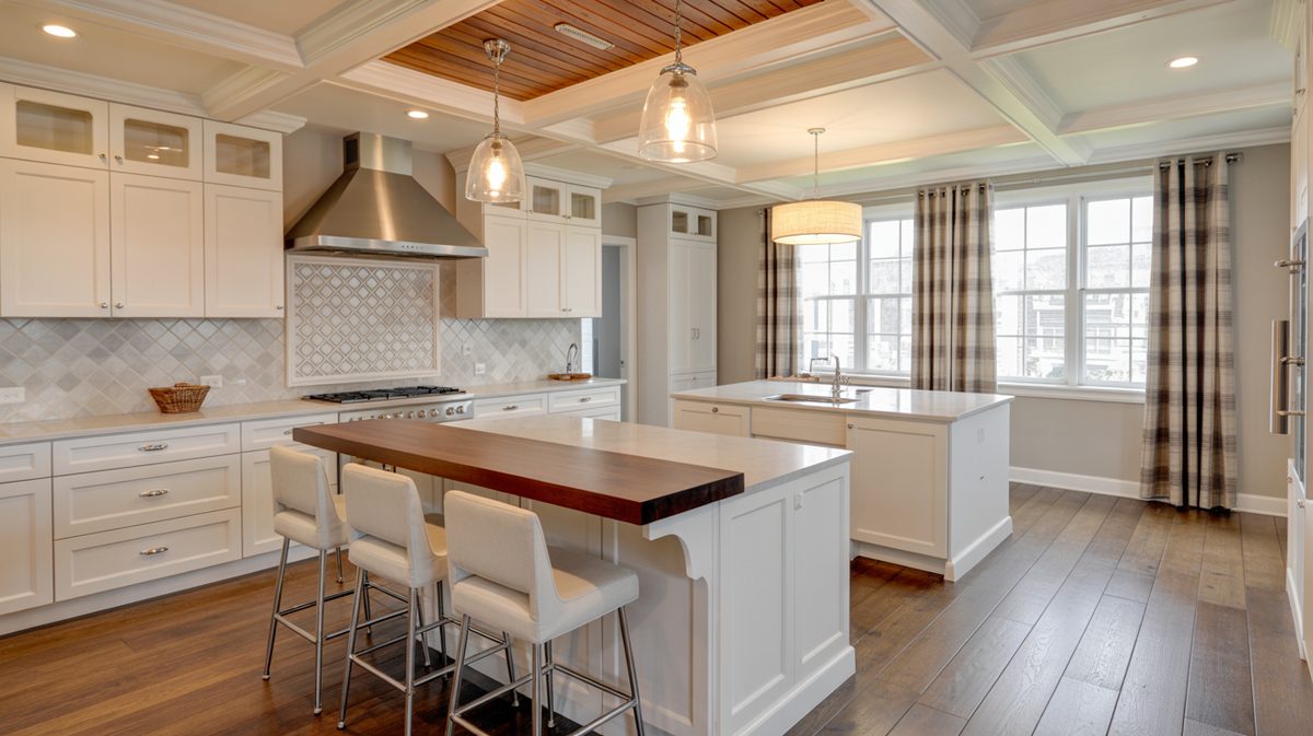 White shaker kitchen with two islands, butcher block dining extension, glass bell pendant lights, coffered wood-plank ceiling, and plaid curtains