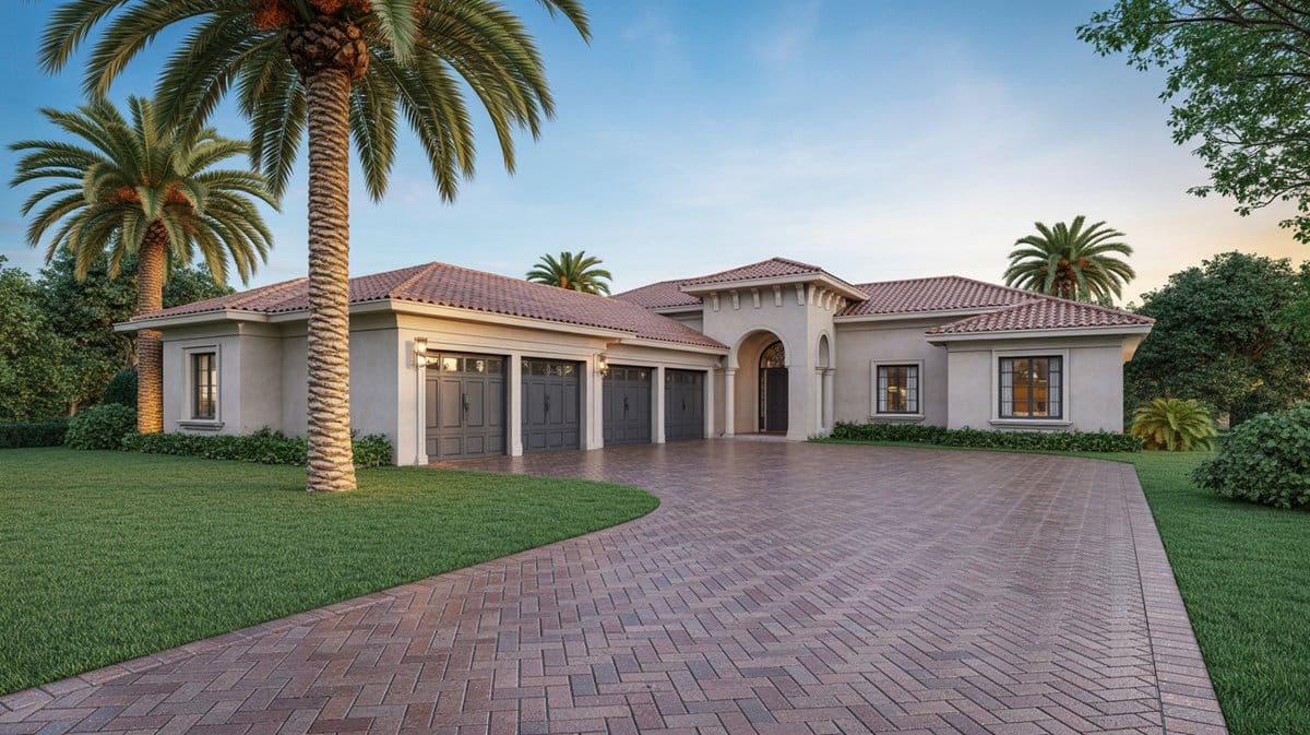 Mediterranean stucco home with three-car garage and herringbone brick paver driveway at dusk