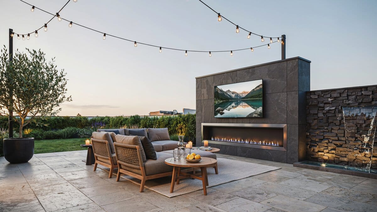 Modern patio sectional facing a TV above a linear gas fireplace