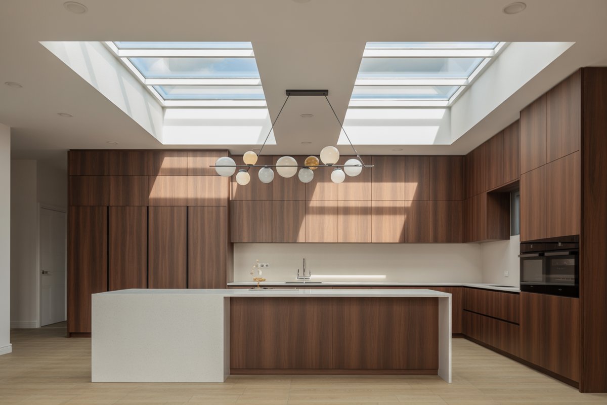 Contemporary kitchen with globe pendant lights below two skylights