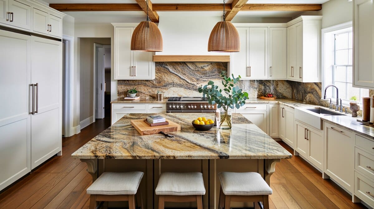 Granite waterfall island with warm brown veining under wood beam ceiling