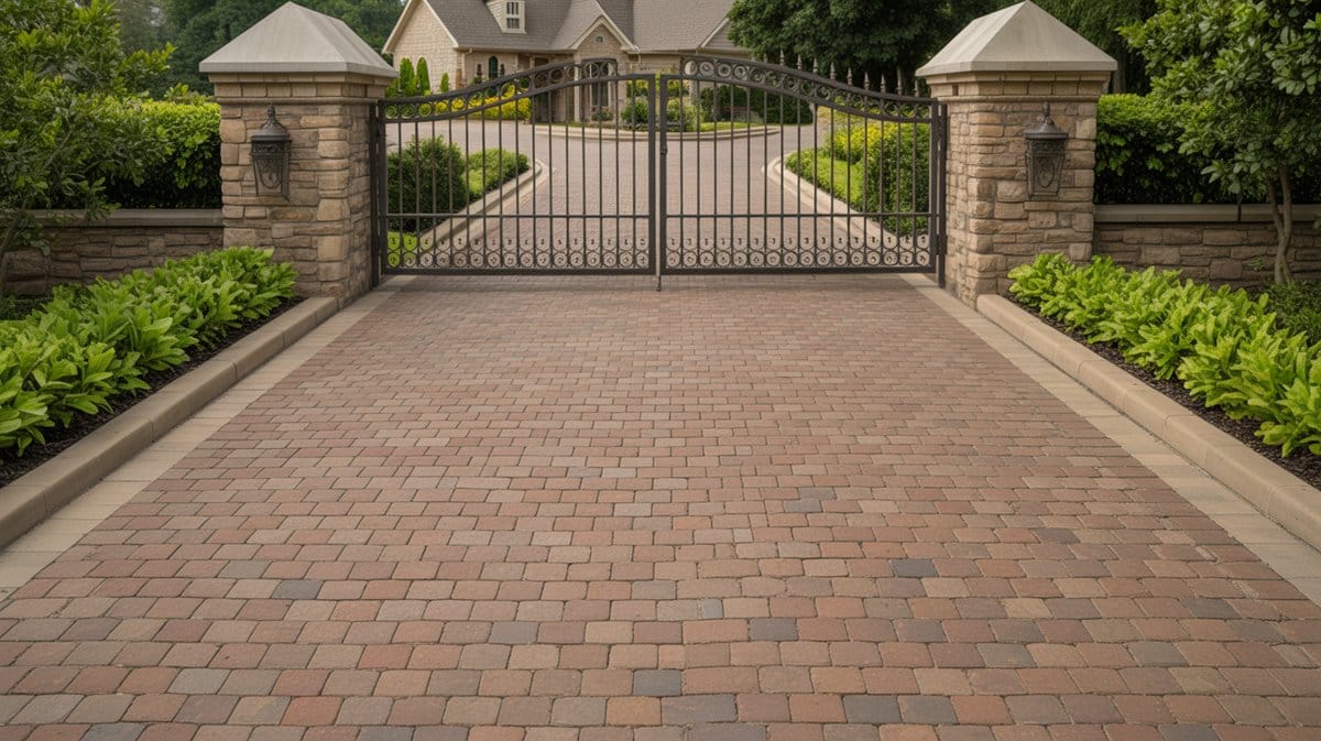 Stone column entry gate opening onto a tan brick paver driveway