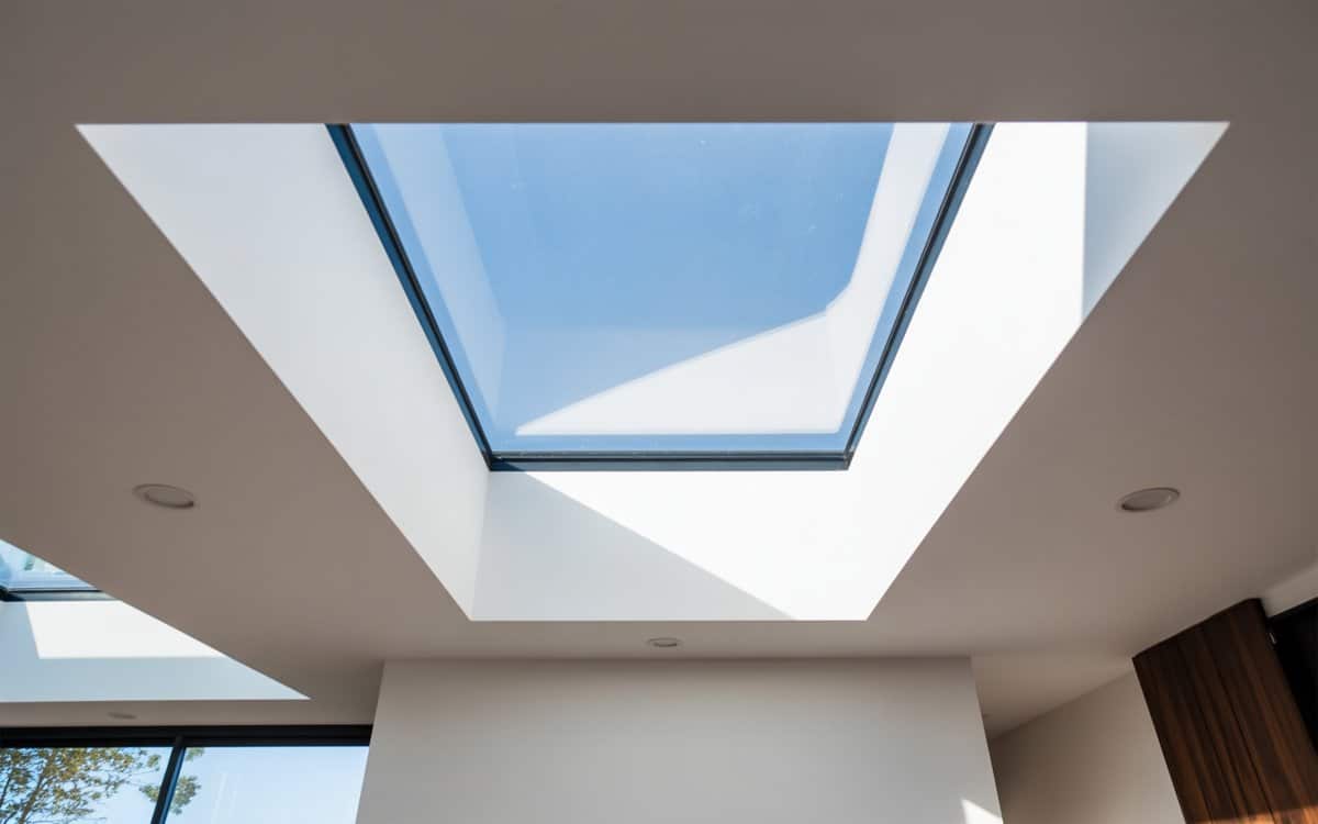 Ceiling skylight with blue sky above a modern interior