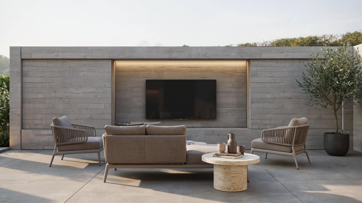 Contemporary concrete patio lounge with a wide TV in a weatherproof enclosure