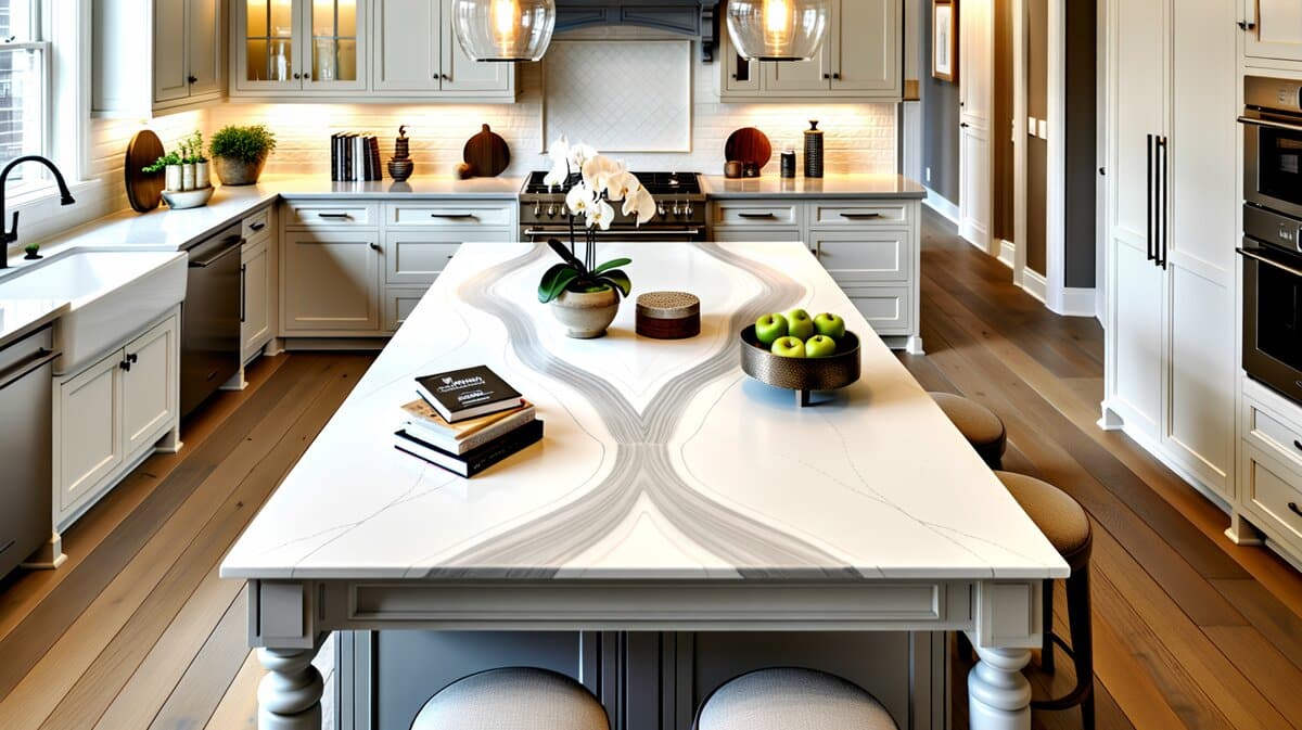 White quartz countertops on a gray kitchen island with white cabinets