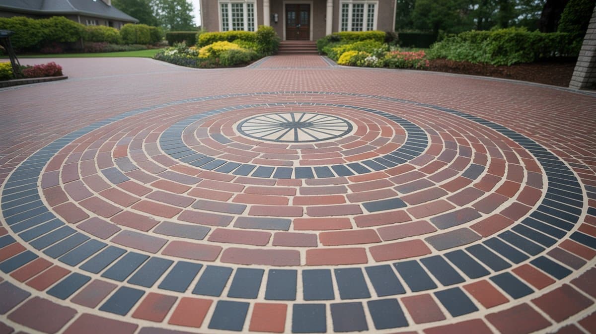 Red and charcoal brick driveway with a bold circular fan medallion pattern