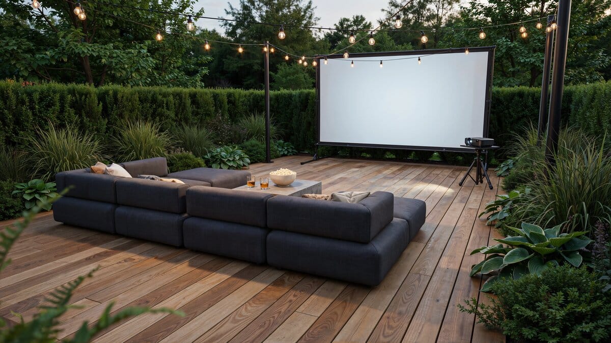 Wood deck movie setup with a large projector screen and charcoal sectionals