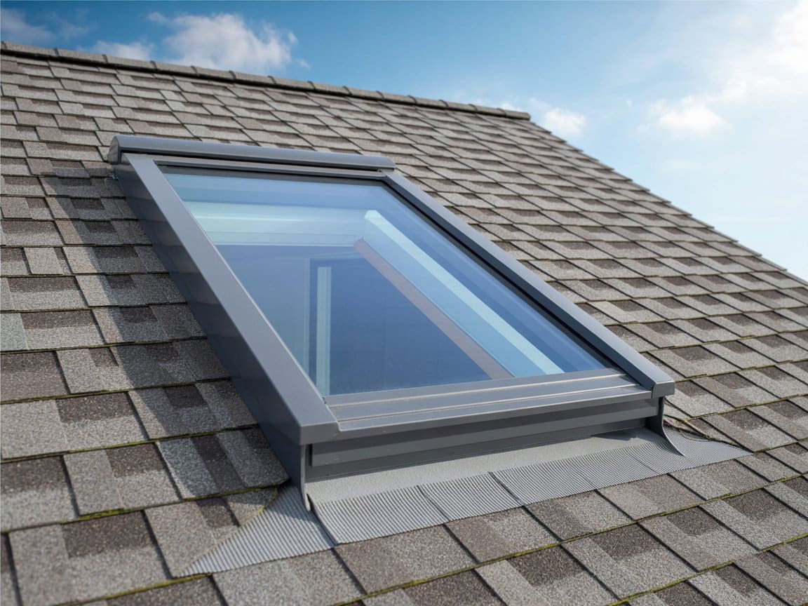 Deck-mounted skylight sitting flush with a shingled roof