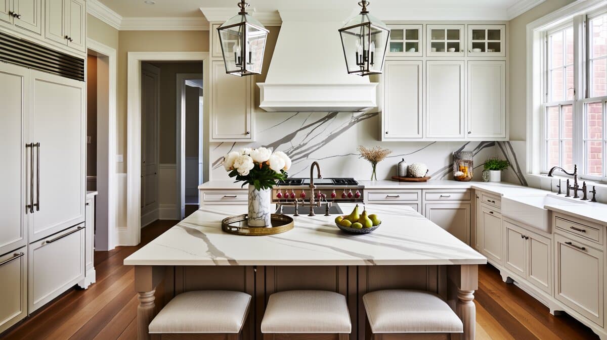 Transitional kitchen with white marble island and glass lantern pendant lights
