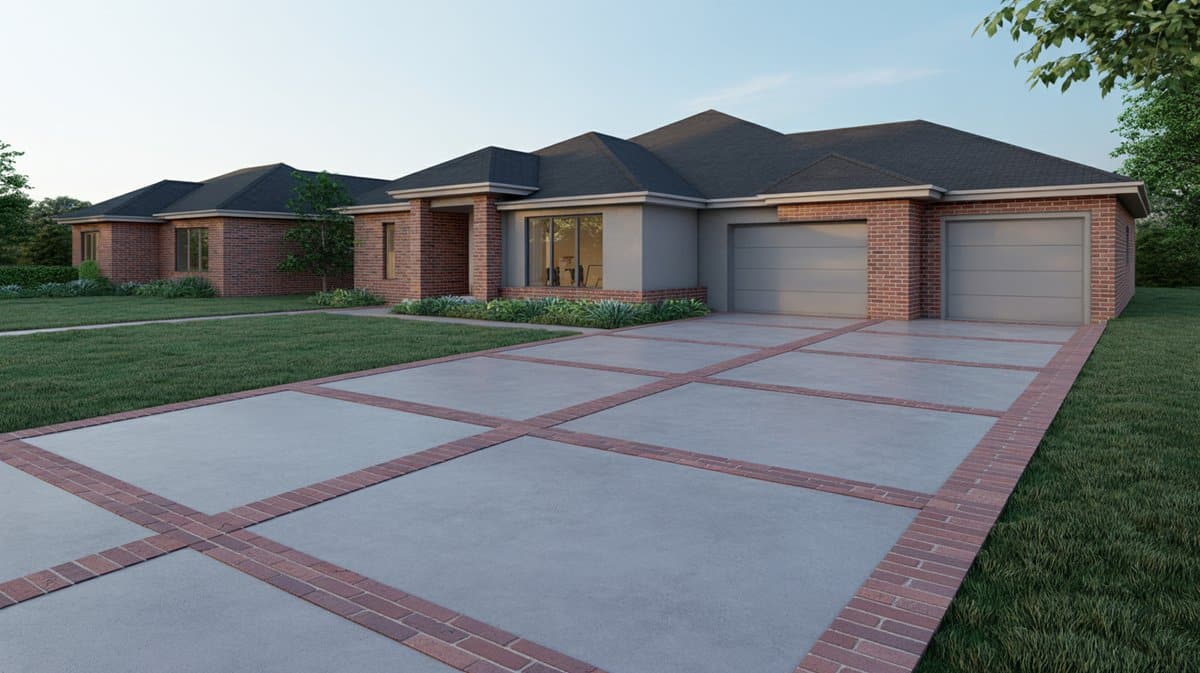Brick ranch home with concrete driveway panels framed by red brick borders