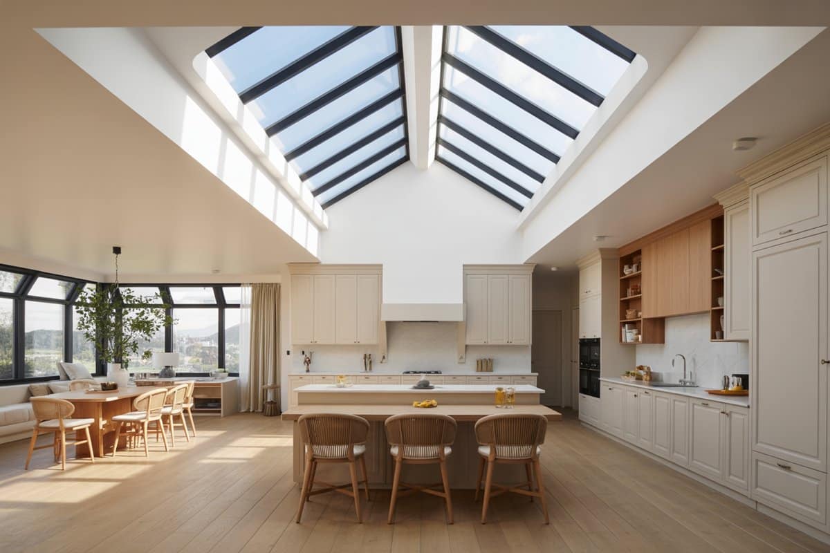 Open kitchen and dining room with two oversize skylights and cathedral ceiling