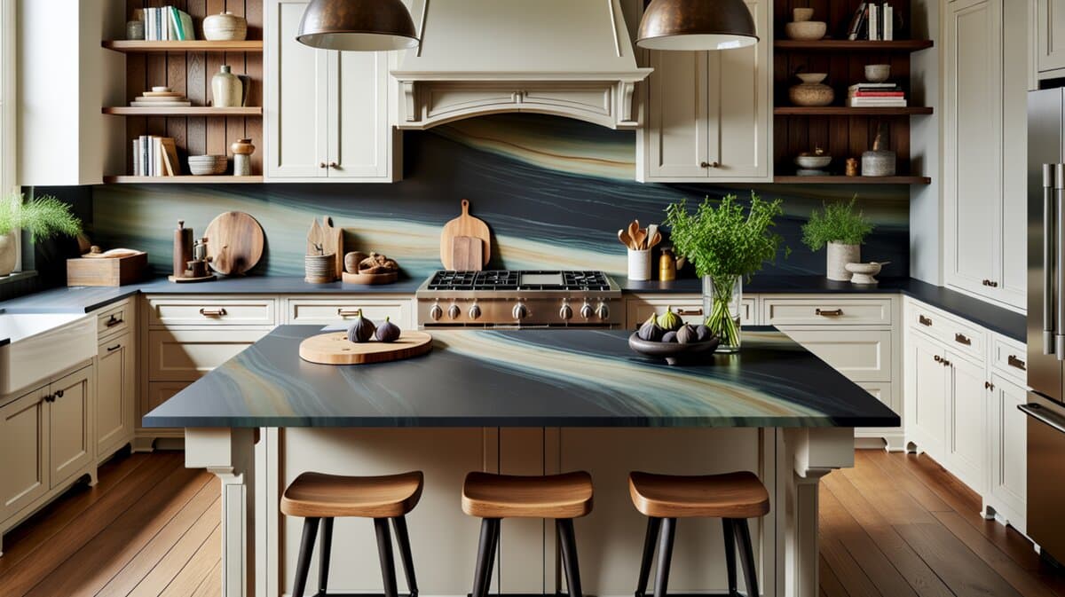 Dark soapstone island countertop with cream cabinets and open wood shelves