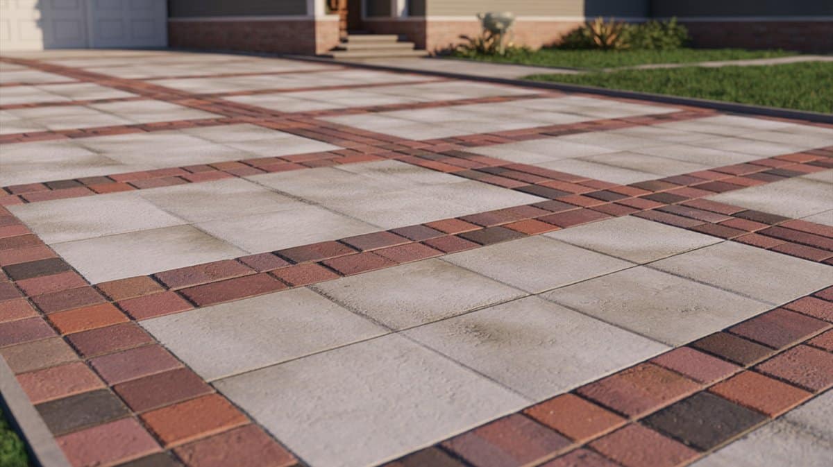Concrete paver squares outlined with red brick grid lines in bright sun