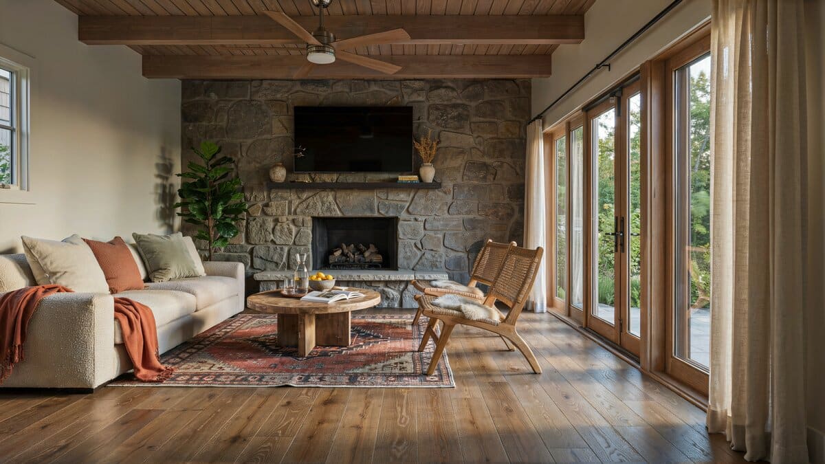 Enclosed patio day room with a stone fireplace TV and ceiling fan