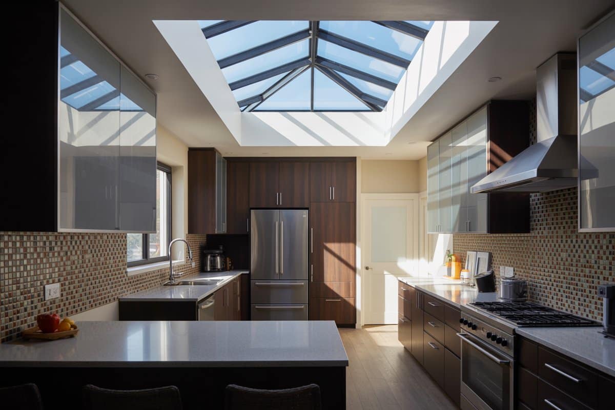 Modern kitchen with an offset skylight, dark cabinets and colorful backsplash