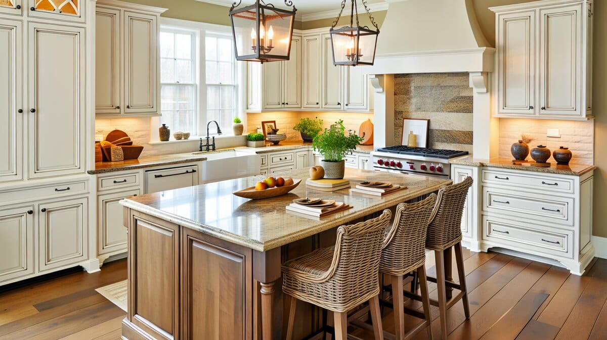 Custom stone veneer island topped with honed granite and rattan bar stools