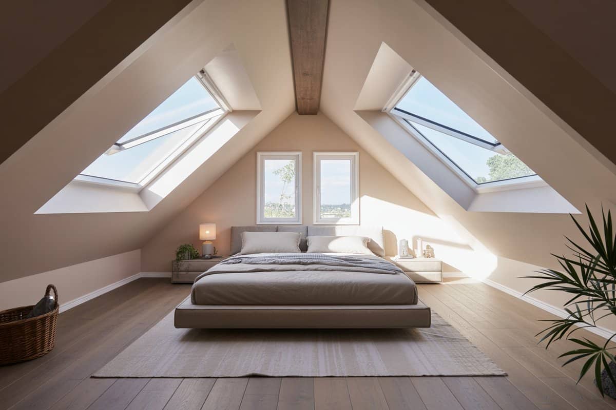 Contemporary attic bedroom with skylights and a bed beneath the window