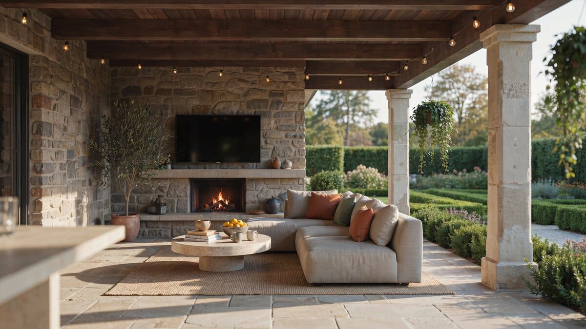 Covered garden patio with stone pillars and a TV above the fireplace