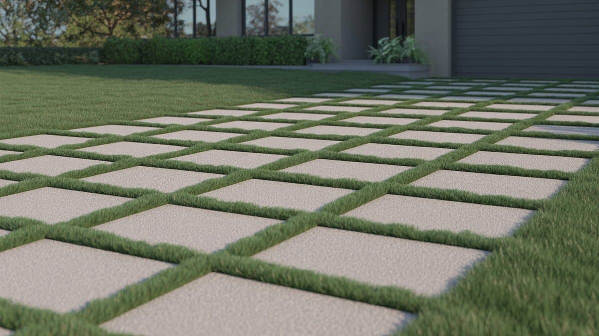 Square concrete pavers set in a lawn with green grass between them