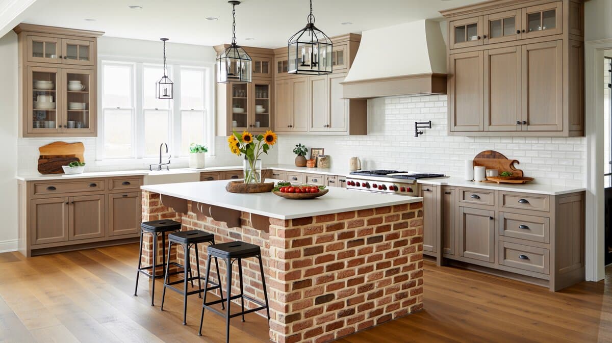 Red brick veneer island with white quartz top and black stools