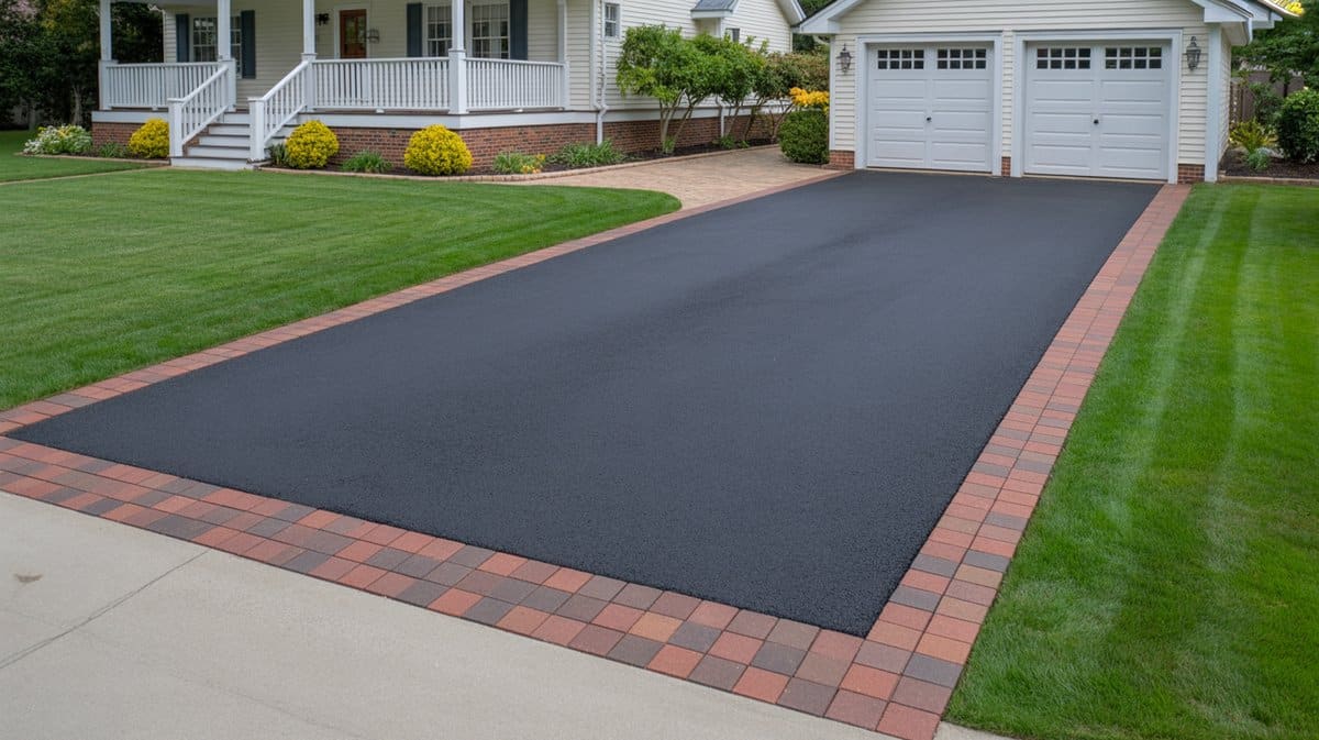 Black asphalt driveway bordered with red brick pavers beside a white porch home