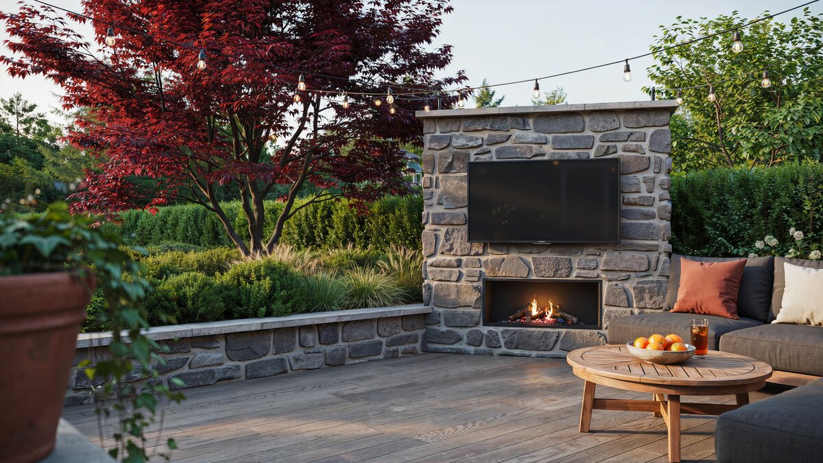 Stacked stone backyard fireplace with a flat screen TV mounted above it