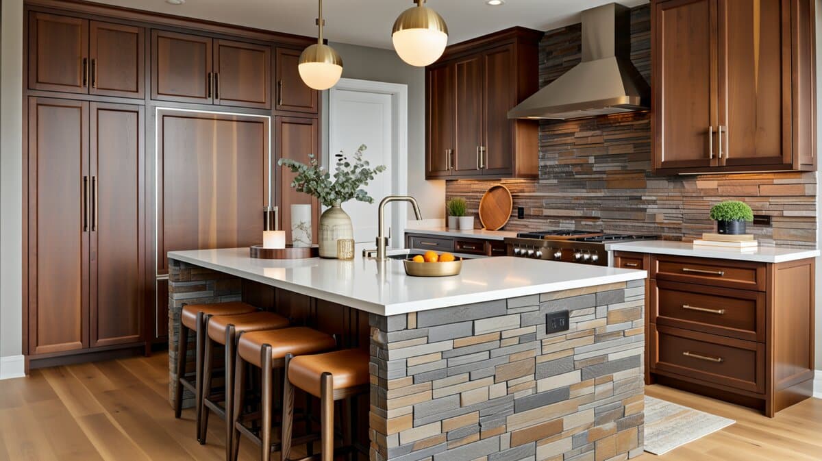 Stacked stone island with white quartz countertop and dark walnut cabinets