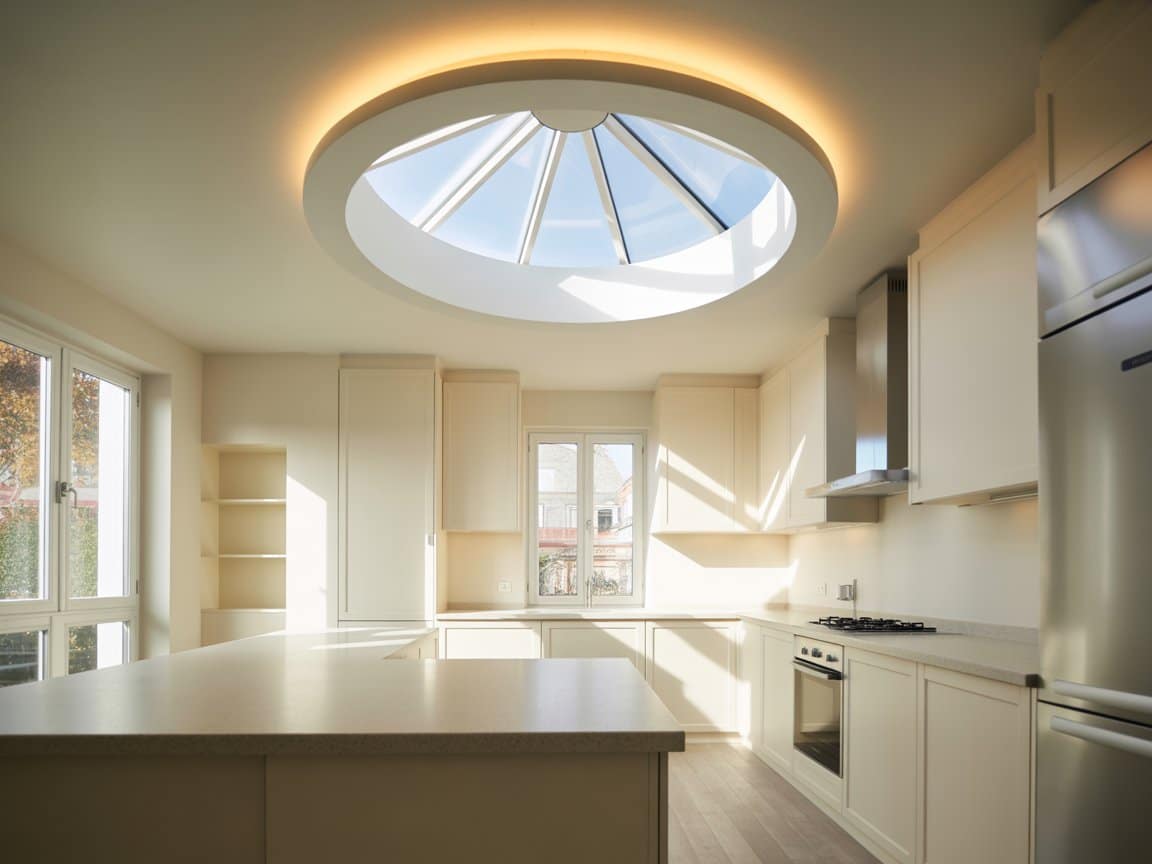 Bright kitchen lit by a round tubular sun-tunnel skylight