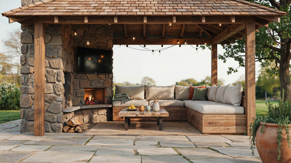 Open pavilion cabana with a stone fireplace and a mounted flat screen