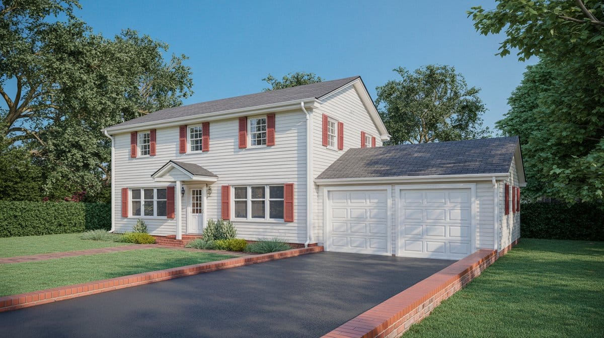 White colonial house with red shutters and asphalt drive edged in brick