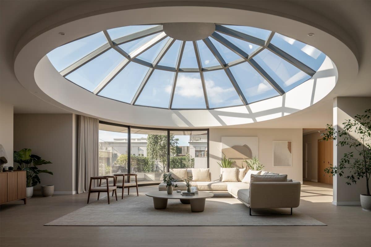 Curved dome skylight spreading daylight across a modern living room