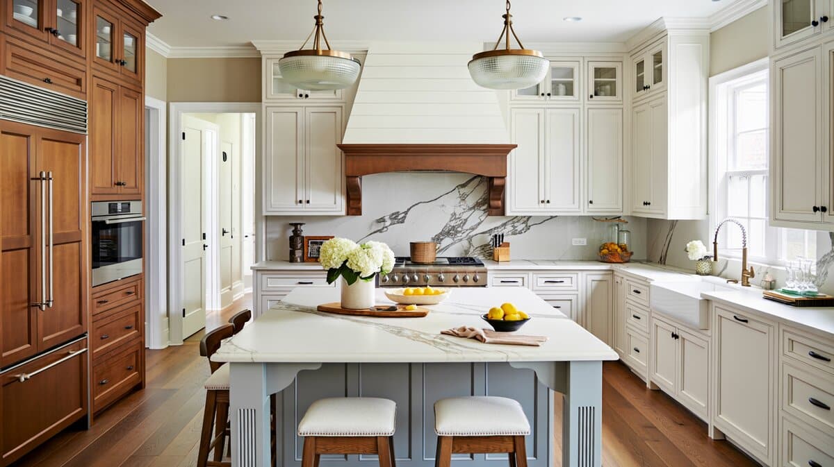 Gray island with white marble top, two-tone cabinets and shiplap hood