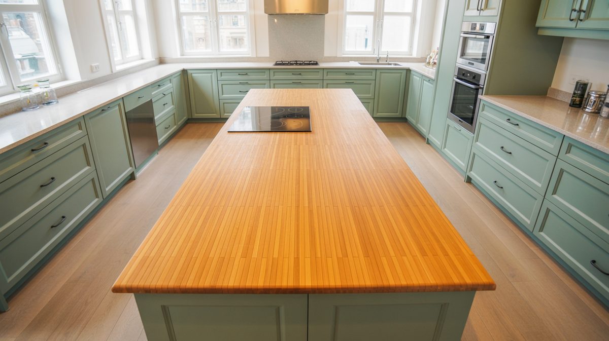 Contemporary kitchen with bamboo island countertop and soft sage green cabinets