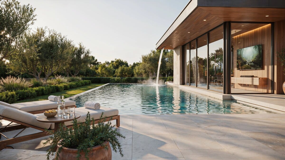 Luxury poolside cabana with a rooftop waterfall and a wall mounted TV