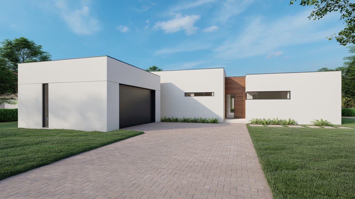 Modern flat roof white stucco home with a wide tan paver driveway