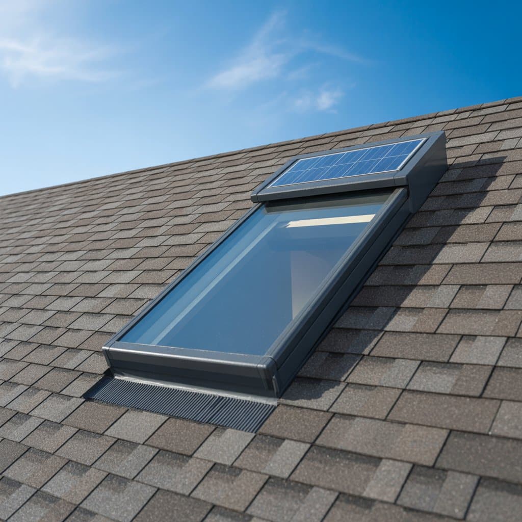 Solar-powered skylight with a small solar panel on its frame