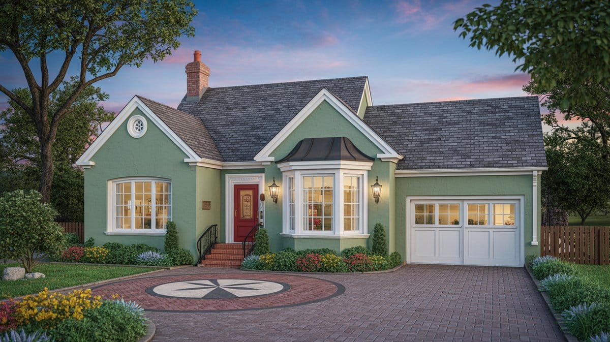 Green cottage with red door and circular medallion brick driveway at sunset