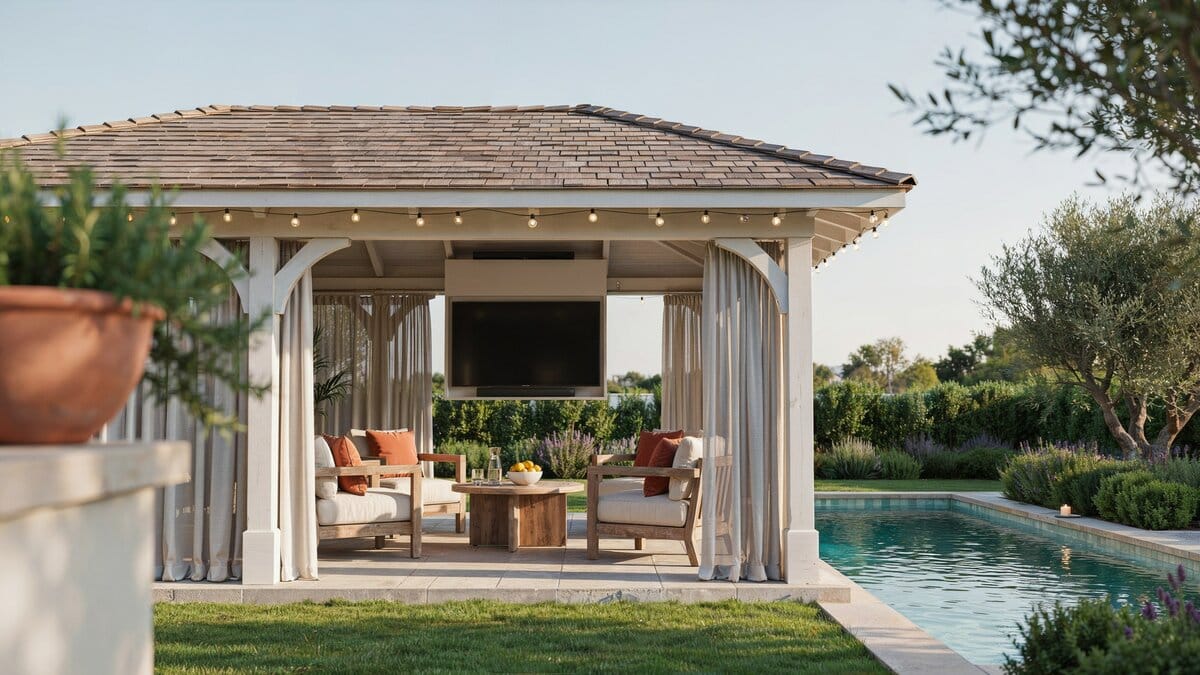 Covered pool cabana with a ceiling mounted TV and cream outdoor sofas