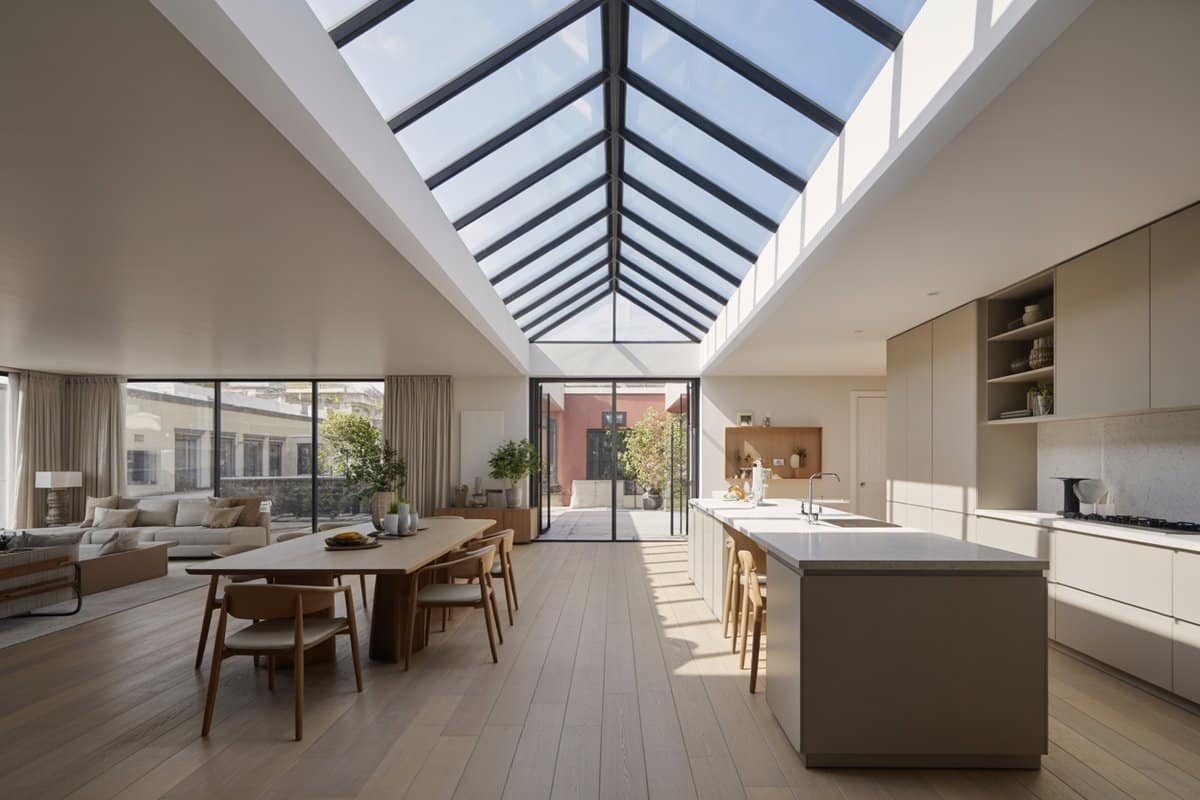 Long rectangular skylight over an open kitchen, living and dining room